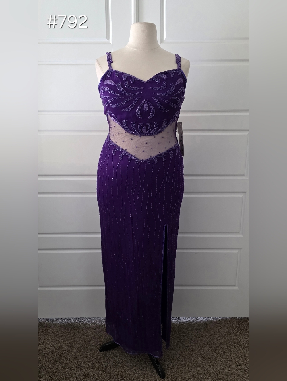 Purple Silk Beaded Column Evening Gown with Cut-Outs